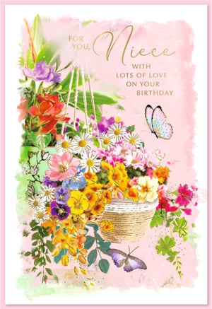 Celebrate your Niece's special day with this absolutely charming birthday card from Simon Elvin. Featuring a delightful design, this card showcases a beautiful hanging basket overflowing with a vibrant array of colourful blooms, from cheerful daisies to delicate pansies and lush green foliage. Two graceful butterflies flutter amongst the flowers, all set against a soft, watercolour pink background.
The elegant gold foil lettering highlights 'Niece' and adds a touch of sparkle to the heartfelt message: 'FOR YOU, Niece WITH LOTS OF LOVE ON YOUR BIRTHDAY'. It's the perfect way to send warm wishes and show how much she means to you.
This lovely 'Niece' birthday card comes in a convenient pack size of 1x6, ensuring you're always ready for those important family celebrations. A truly beautiful choice for any Niece!
