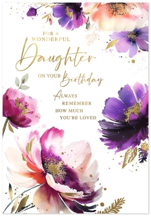 Offer your customers a truly special way to celebrate with this beautiful 'Daughter' birthday card from Simon Elvin. Adorned with captivating watercolour florals in rich purples, vibrant pinks, and soft peaches, this design is elevated by elegant gold script and delicate gilded details. The loving message, "FOR A WONDERFUL Daughter ON YOUR Birthday Always REMEMBER HOW MUCH YOU'RE LOVED," makes it a perfect choice for expressing heartfelt affection. This premium card is sure to be a popular pick for daughters of all ages. Available in a convenient pack size of 1x6, it's an essential addition to your greeting card selection.