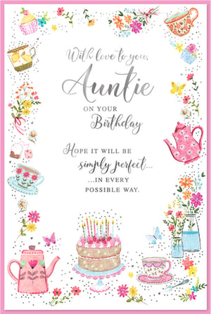 Send warm birthday wishes to your beloved Auntie with this charming card from Simon Elvin. Featuring a delightful watercolour design, this card captures the essence of a perfect celebration with its array of colourful teacups, teapots, blooming flowers, and a beautifully decorated birthday cake. Adorned with delicate butterflies and shimmering confetti details, it's a truly lovely way to show your affection. The heartfelt message inside wishes her a "simply perfect" day in every possible way. This 'Auntie' card is supplied in a convenient pack of 6, ensuring you're always ready to celebrate.