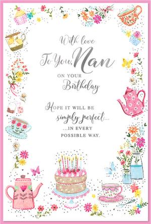 Celebrate Nan's special day with this absolutely charming birthday card from Simon Elvin. Featuring a delightful watercolour design, this card is adorned with whimsical teacups, teapots, a beautifully decorated birthday cake, and delicate floral accents, all brought to life with soft, inviting colours. The heartfelt message, "With love To You, Nan ON YOUR Birthday HOPE IT WILL BE simply perfect... IN EVERY POSSIBLE WAY," conveys warmth and affection, making it a truly memorable greeting. Perfect for retailers looking to offer a thoughtful and beautifully illustrated card for grandmothers. Supplied in a convenient pack of 6.