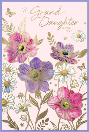 Celebrate your granddaughter with this beautiful card from Simon Elvin. The design features a delightful garden scene, showcasing vibrant pink and purple flowers alongside charming white daisies. Elegant gold foil detailing highlights the intricate floral patterns, graceful butterflies, and the heartfelt message: "FOR YOU, Grand-Daughter WITH LOVE." Set against a soft pink background, this card offers a warm and pretty way to express your affection. Perfect for any special occasion, it's sure to be cherished. Available in a convenient pack of 6, this card is a lovely addition to your retail range.