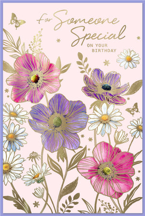 Delight your customers with this exquisite 'Someone Special' birthday card from Simon Elvin. Perfect for celebrating a cherished woman, this card features a stunning array of vibrant pink and purple anemones, beautifully complemented by delicate white daisies.
Elegant gold foil detailing adds a touch of luxury, highlighting the intricate floral designs and charming butterflies. Set against a soft pink background, the heartfelt message 'for Someone Special ON YOUR BIRTHDAY' truly shines. This card offers a warm and thoughtful way to send birthday wishes, making it an ideal choice for any discerning customer. Stock these beautiful cards, available in packs of six, to ensure you're ready for every special occasion.