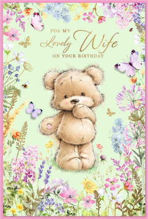Delight your customers with this utterly charming birthday card for a beloved wife, from the esteemed Simon Elvin collection. Featuring an adorable teddy bear nestled amongst a vibrant meadow of wildflowers and delicate butterflies, this card exudes warmth and affection. The sweet illustration, set against a soft green background, is perfectly complemented by the elegant gold script that reads 'FOR MY Lovely Wife ON YOUR BIRTHDAY'. It’s the perfect way for customers to express their love and appreciation on her special day. This beautiful design is sure to be a popular choice, offering a heartfelt message with a touch of natural beauty. Available in a convenient pack size of 1x6, ensuring you're well-stocked with this lovely design.