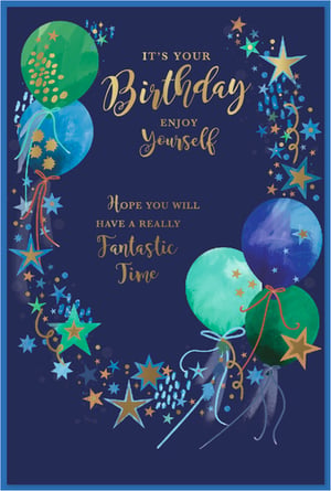 Celebrate special moments with this stylish 'Open Birthday Male' card from Simon Elvin. Set against a rich navy background, the design features a vibrant array of watercolour-effect balloons in shades of green, blue, and teal, some adorned with shimmering gold stars. Elegant gold foil lettering wishes the recipient "IT'S YOUR Birthday, ENJOY Yourself" and "Hope you will HAVE A REALLY Fantastic Time". A festive scattering of stars and confetti in complementary colours adds a touch of sparkle. Perfect for any male birthday, this eye-catching card offers a modern and celebratory feel. Available in a convenient pack of 6.