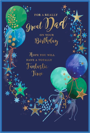 Make Dad's birthday extra special with this vibrant card from Simon Elvin. This 'Dad' birthday card features a sophisticated deep blue background adorned with watercolour balloons in shades of blue and green, complemented by shimmering gold and blue stars. The heartfelt message, "For a Really Great Dad on Your Birthday, Hope You Will Have a Totally Fantastic Time," makes it the perfect choice for celebrating a beloved father. Supplied in a convenient pack of 6, these cards are ideal for retailers looking to offer quality and style for those important family occasions.