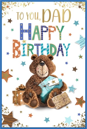 Celebrate Dads everywhere with this charming 'Happy Birthday Dad' card from Simon Elvin. Featuring an adorable fluffy teddy bear holding a special gift, surrounded by a shower of colourful stars and golden confetti, this card is designed to bring a smile to any father's face. The vibrant, playful lettering adds to the festive feel, making it the perfect choice for a heartfelt birthday message. Stock up on this delightful design, available in convenient packs of 6, and offer your customers a truly warm and memorable way to wish their Dad a very happy birthday.