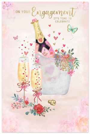 Congratulate the happy couple in style with our exquisite 'Engagement' card, proudly brought to you by Simon Elvin. This charming design captures the joy of the occasion with its beautiful watercolour illustration. Featuring a decorative champagne bottle chilling in an ice bucket, overflowing with vibrant florals, alongside two elegant flutes ready for a toast, it’s a truly celebratory scene. Scattered hearts and delicate butterflies add a touch of romance and sparkle, all beneath the golden message "ON YOUR Engagement IT'S TIME TO CELEBRATE". Perfect for retailers, these delightful cards come in a convenient pack of 6, ensuring you're well-stocked for every special announcement.