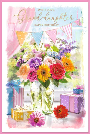 Celebrate your Granddaughter's special day with this truly beautiful birthday card. Featuring a vibrant bouquet of colourful flowers in a clear vase, set against a charming backdrop of pastel bunting and wrapped gifts, this card is designed to delight. The elegant gold script reads 'With Love, Grand-daughter Happy Birthday', adding a touch of sophistication to the cheerful watercolour artwork. Perfect for conveying heartfelt wishes, this card captures the joy and warmth of the occasion. Supplied by Simon Elvin, this 'Granddaughter' card is available in a convenient pack of 6, ensuring you're well-stocked for those precious family moments. A lovely choice for any retailer looking to offer quality and charm.