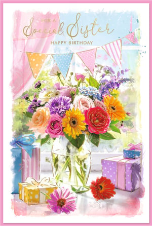 Celebrate a special sister's birthday with this enchanting card from Simon Elvin. Adorned with a beautiful watercolour illustration, it features a vibrant bouquet of mixed flowers in full bloom, set against a cheerful backdrop of pastel bunting and sunlit gifts. The elegant gold script wishing "FOR A Special Sister HAPPY BIRTHDAY" adds a touch of sophistication. This delightful design perfectly captures the warmth and joy of a birthday celebration, making it an ideal choice for customers looking to send heartfelt wishes. Available in a convenient pack of 6, this card is a must-have addition to your greeting card selection.