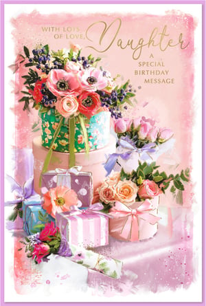 Celebrate a special daughter's birthday with this exquisite card from Simon Elvin. Our 'Daughter' card features a stunning watercolour design, brimming with vibrant floral arrangements including beautiful anemones and roses, alongside elegantly wrapped gifts in soft pastel hues. The delicate pink background, enhanced with a subtle sparkle, adds a touch of charm and sophistication.
With the heartfelt message "WITH LOTS OF LOVE, Daughter A SPECIAL BIRTHDAY MESSAGE", this card is the perfect way to convey warm wishes. Stock up on this popular design, available in a convenient pack of 6, making it a wonderful addition to any greeting card selection.