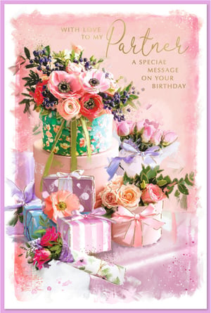 Celebrate a special birthday with this exquisite 'Partner' card from Simon Elvin. Designed with love, this beautiful card features a stunning array of watercolour-style flowers, including vibrant anemones and delicate roses, nestled amongst elegant gift boxes. The rich pink and purple hues, complemented by touches of gold script and subtle sparkle, create a truly luxurious and heartfelt design.
Perfect for retailers looking to offer a premium option for customers celebrating their female partner's birthday. This card conveys a warm and loving message, making it an ideal choice for expressing affection. Available in a convenient 1x6 pack, ensuring you're well-stocked with this popular design. Add a touch of elegance to your greeting card selection.