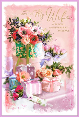Celebrate a truly special occasion with our "Wife Wedding Anniversary" card from Simon Elvin. This exquisite design features a delightful watercolour illustration, brimming with beautiful floral arrangements in soft pinks, purples, and greens, alongside charmingly wrapped gifts. Elegant gold script proclaims "My Wife" with "A Special Anniversary Message" below, adding a touch of luxury and heartfelt sentiment. Perfect for conveying love and warmth, this card is sure to make any anniversary memorable. Available in a convenient pack size of 1x6, it's an ideal choice for retailers looking to offer a premium greeting card for this cherished milestone.