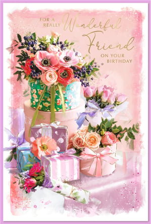 Help your customers celebrate their truly wonderful friends with this beautiful birthday card. Featuring a stunning watercolour design of vibrant florals and elegantly wrapped gifts, it's the perfect way to convey heartfelt birthday wishes. The soft pinks, purples, and greens create a delightful, feminine feel, enhanced by delicate glitter accents for that extra special touch. This 'Friend Female' card is sure to be a popular choice for any special friend's birthday. Supplied by Simon Elvin, each pack contains 6 cards, ready to charm your shoppers.
