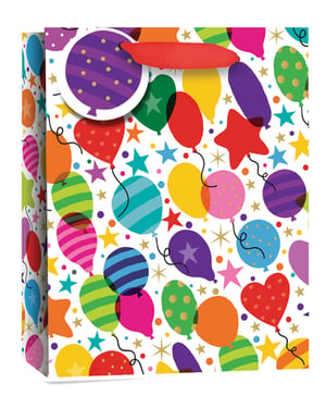 Make every gift a celebration with our **Large Colourful Balloons Gift Bag**! Perfect for birthdays, parties, or any joyous occasion, this vibrant bag is bursting with fun.
Featuring an eye-catching design of multi-coloured balloons in various shapes – from classic ovals and playful hearts to cheerful stars – it’s sure to delight recipients of all ages. The lively pattern is enhanced with shimmering stars and confetti dots, creating a truly festive look. With its generous size and sturdy red fabric handles, it’s ideal for presenting a wide range of gifts.
Supplied by Simon Elvin, these delightful gift bags come in a convenient pack of 6, making them a brilliant addition to your retail offering. Brighten up your customers' gifting experience!
