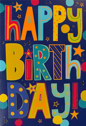 Make every birthday extra special with this vibrant 'Happy Birthday!' card from Simon Elvin. Designed to catch the eye, this card features bold, playful lettering in a kaleidoscope of colours and patterns, including cheerful polka dots, striking stripes, and shimmering stars, all set against a rich blue background.

Perfect for any male birthday, its lively design is sure to bring a smile. This versatile card is ideal for your retail display, offering a popular choice for customers seeking a fun and celebratory greeting. Supplied in a convenient pack of 6, it's a fantastic addition to your card selection.