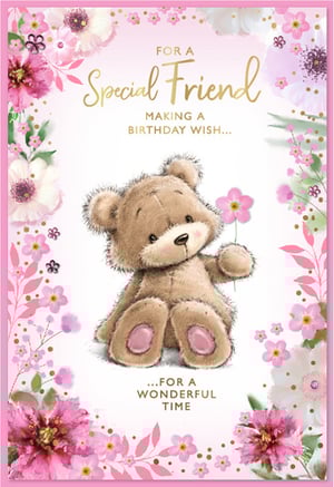 Help your customers celebrate their cherished female friends with this delightful birthday card from Simon Elvin. This charming design features an irresistibly cute teddy bear, gently holding a pink flower, set against a backdrop of elegant pink and white florals with shimmering gold accents.

The warm message, 'FOR A Special Friend MAKING A BIRTHDAY WISH... FOR A WONDERFUL TIME', conveys heartfelt wishes. It's the perfect way to show appreciation on a special day. Stock up on these lovely cards, available in convenient packs of six, and offer your shoppers a truly special option for their friends.