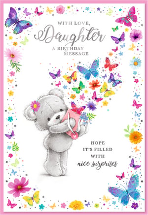 Wish a special daughter a wonderful birthday with this charming greeting card from Simon Elvin. It features an adorable grey teddy bear holding a pink envelope, from which a delightful burst of colourful butterflies and delicate flowers emerge. The card carries a sweet message: 'WITH LOVE, Daughter... HOPE IT'S FILLED WITH nice surprises,' making it a lovely way to share birthday wishes. With its vibrant design and appealing details, this card is a popular choice for celebrating a daughter. Available in a convenient pack of 6, it's a great addition to your card range.