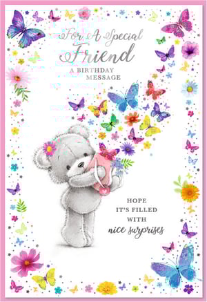 Delight your customers with this charming 'Friend Female' birthday card from Simon Elvin. Featuring an adorable grey teddy bear releasing a flurry of vibrant butterflies and flowers, this card is perfect for celebrating a special friend. The heartfelt message, 'For A Special Friend A BIRTHDAY MESSAGE HOPE IT'S FILLED WITH nice surprises', adds a warm touch. With a beautiful border of colourful blooms and delicate butterflies, this card is sure to bring joy. Supplied in a convenient pack of 6, it's an ideal addition to any greeting card selection.