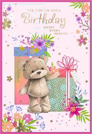 Make her birthday extra special with this delightful 'Open Birthday Female' card from Simon Elvin. Adorned with a sweet teddy bear, vibrant floral accents, and colourful gift boxes, this design radiates joy. The elegant gold lettering wishes 'FOR YOU ON YOUR Birthday, ENJOY EVERY MINUTE!', making it a truly thoughtful choice. Set against a charming pink backdrop with playful confetti, this card is perfect for celebrating any special woman. Available in a convenient pack of 6, it's ready to brighten your retail offering.