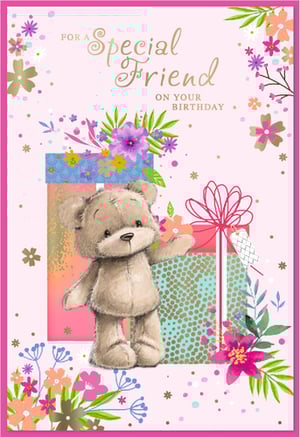 Celebrate a cherished bond with this delightful 'Special Friend' birthday card from Simon Elvin. This charming design features an adorable teddy bear, surrounded by a vibrant array of colourful flowers and festive gift boxes, perfect for any female friend's special day. The soft pink background is beautifully accented with shimmering gold details and playful confetti, creating a truly heartwarming scene. With the sweet message 'FOR A Special Friend ON YOUR BIRTHDAY', it's a wonderful way to show you care. Stock up on this lovely card, available in convenient packs of 6.