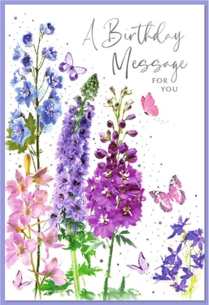 Brighten any birthday with this beautiful 'Open Birthday Female' card from Simon Elvin. This exquisite design features a stunning watercolour illustration of vibrant delphiniums and larkspur in gorgeous shades of blue, purple, and pink. Delicate butterflies flutter gracefully among the blooms, adding a touch of elegance and charm. The card's cover proudly displays 'A Birthday Message FOR YOU' in a sophisticated script, making it a versatile choice for any female recipient. Finished with subtle sparkling details, this card offers a truly special way to send warm wishes. Available in a convenient pack of 6, it's an ideal addition for retailers seeking high-quality, visually appealing birthday greetings.