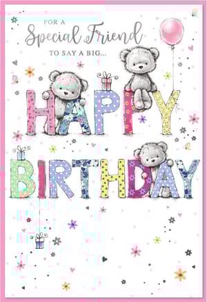 Help your customers celebrate their 'Special Friend' with this lovely birthday card from Simon Elvin. This charming design features adorable teddy bears alongside colourful, patterned 'HAPPY BIRTHDAY' lettering. The card is decorated with sweet details like delicate flowers, butterflies, tiny gift boxes, and a cheerful pink balloon, all framed by a pretty pink border. With its soft pastel colours and heartwarming illustrations, it's a wonderful choice for sending warm wishes to a female friend. Stock up with this convenient pack of 6 cards, an ideal addition to your greeting card display.