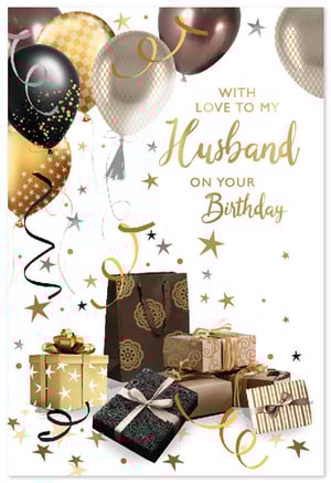 Help your customers celebrate their husband's birthday with this elegant card from Simon Elvin. Featuring a sophisticated design, it showcases an array of balloons in black, gold, and rose gold, complemented by shimmering stars and confetti. The message 'WITH LOVE TO MY Husband ON YOUR Birthday' is beautifully rendered in gold script. Below, a collection of gift bags and wrapped presents in coordinating gold, black, and brown tones adds to the celebratory feel. This card offers a high-quality, memorable option for customers. Supplied in a convenient pack of 6, it's a popular choice for any greeting card selection.