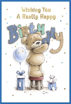 Make someone's birthday extra special with this adorable 'Open Birthday Male' card from Simon Elvin. Featuring a charming teddy bear carefully arranging the letters for 'BIRTHDAY', alongside a festive blue balloon and gift boxes, it's sure to bring a smile. The sweet illustration, complete with a little mouse friend and scattered stars, creates a truly heartwarming scene. With the message 'Wishing You A Really Happy Birthday' in elegant gold foil, this card is perfect for celebrating any male recipient, young or old. Stock up with this convenient pack of six and offer your customers a delightful option for their birthday greetings.
