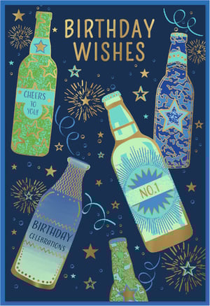 Raise a toast to a fantastic birthday with our 'Open Birthday Male' card! This vibrant design features an array of stylish bottles, adorned with shimmering gold and cool blue and green accents, set against a sophisticated dark blue background.

Bursting with celebratory energy, the card showcases festive fireworks, sparkling stars, and playful streamers. Messages like 'CHEERS TO YOU!', 'BIRTHDAY CELEBRATIONS', and 'NO.1' add to the joyful atmosphere, making it perfect for any special guy.

Ideal for a general male birthday, this eye-catching card is sure to bring a smile. Stock up your shelves with this popular design, available in a convenient pack of 6.