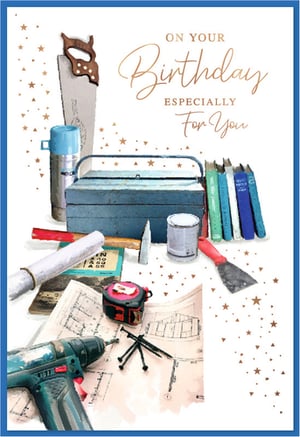 Discover the perfect birthday card for the handy heroes and DIY enthusiasts with our 'Open Birthday Male' design from Simon Elvin. This beautifully illustrated card captures the essence of craftsmanship, featuring a collection of classic tools like a saw, a robust toolbox, a powerful drill, and detailed blueprints, all artfully arranged. Scattered stars add a touch of celebration around the warm message: 'ON YOUR Birthday ESPECIALLY For You'. It's an ideal choice for anyone who appreciates a good project or simply loves their tools. Available in a convenient pack of 6, this card is a must-have addition to your greeting card selection, ready to delight your customers.