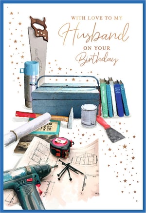 Celebrate the special man in their life with this charming 'Husband' birthday card from Simon Elvin. Perfect for the DIY enthusiast or the husband who loves to build and create, this card features a beautifully detailed illustration of classic tools, blueprints, and a trusty toolbox. The warm, heartfelt message 'WITH LOVE TO MY Husband ON YOUR Birthday' is elegantly scripted in gold, complemented by a scattering of shimmering stars. This thoughtful design offers a unique and personal touch for customers seeking the ideal birthday greeting. Supplied in a convenient pack of 6, it’s a valuable addition to your greeting card selection.