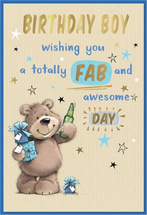 Make any birthday celebration extra special with this delightful "Open Birthday Male" card from Simon Elvin. This charming design features a happy bear, laden with blue gifts and a celebratory bottle, ready to wish the recipient a "totally FAB and awesome DAY." The playful text is complemented by a scattering of stars and a warm, textured background, all framed by a smart blue border. Perfect for any male, this card is designed to bring joy and a smile. Stock up with our convenient pack of 6, ensuring you're always prepared for those special occasions.
