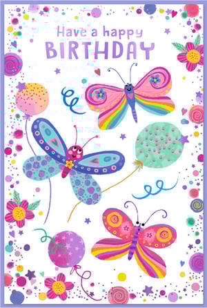 Brighten any birthday with this charming Open Birthday Female card from Simon Elvin. This delightful design features a lively scene of three colourful butterflies, each with unique patterned and rainbow wings, fluttering amongst cheerful balloons. Playful confetti, stars, and hearts are scattered across the card, adding a touch of sparkle and fun. With its whimsical artwork and vibrant palette, this card is a wonderful choice for celebrating any female's special day. Available in a convenient pack size of 1x6, it's an ideal addition for retailers seeking popular and eye-catching birthday greetings.
