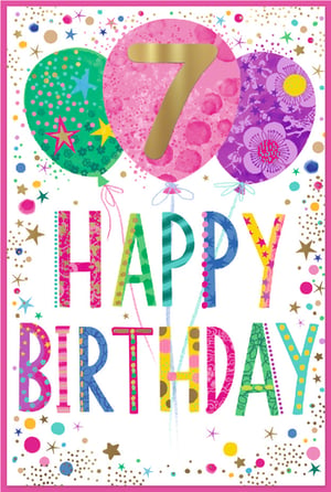 Celebrate a milestone 7th birthday with this wonderfully vibrant 'Age 7 Female' card from Simon Elvin. Designed to delight, the card features three eye-catching balloons, with a shimmering gold '7' prominently displayed on a pink, confetti-filled balloon. Below, the 'HAPPY BIRTHDAY' message comes alive in a playful mix of colourful patterns and bold lettering. Scattered stars and sparkling dots complete this festive design, making it an ideal choice for any young girl's special day. This cheerful card is sure to be a popular pick for your customers. Supplied in a convenient pack of 6.