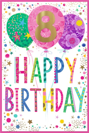 Celebrate an 8th birthday with this wonderfully vibrant card from Simon Elvin, perfect for a special girl. The cheerful design features three eye-catching balloons, with a prominent golden '8' on a pink, splattered background. It's beautifully complemented by a green balloon adorned with stars and a lovely purple floral balloon. The "HAPPY BIRTHDAY" message pops with fun, patterned block letters, all set against a scattering of colourful confetti and stars. This delightful card is sure to bring joy to any 8-year-old. Stock up with this convenient pack of 6, an ideal addition to your greeting card range.