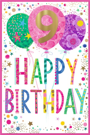 Offer your customers this charming Age 9 Female birthday card from Simon Elvin, ideal for celebrating a special 9th birthday. This card features a lively design, bursting with bright colours and engaging patterns. Three cheerful balloons float at the top, with a striking gold '9' on the central pink balloon. The 'HAPPY BIRTHDAY' message is presented in a fun, eclectic mix of patterned letters, each adding to the card's unique appeal. Scattered stars and confetti enhance the festive feel, making this a lovely choice for any 9-year-old girl. Available in a convenient pack of 6, it's a popular addition to any birthday card display.