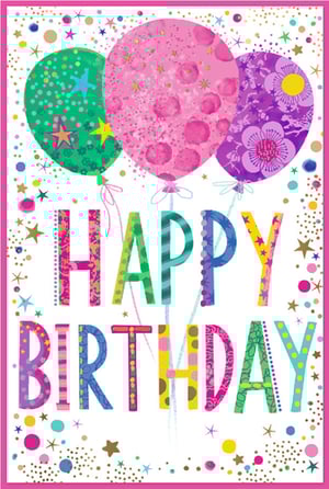 Brighten someone's special day with this delightful Open Birthday Female card from Simon Elvin. This vibrant design features three eye-catching balloons in green, pink, and purple, each adorned with unique patterns like stars, speckles, and delicate florals. The cheerful 'HAPPY BIRTHDAY' message stands out in a playful array of colourful, patterned letters, making every word a celebration.

Surrounded by a scattering of sparkling confetti and stars, this card exudes joy and festivity. Perfect for any female recipient, its lively colours and charming details are sure to bring a smile. Stock up on this popular design with our convenient pack of 6, ensuring your customers always have the perfect card for those important birthday moments.