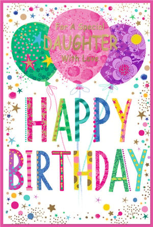 Make her day extra special with this delightful 'Daughter' birthday card from Simon Elvin. Bursting with colour and charm, the design features three vibrant balloons, with the central pink one beautifully proclaiming "For A Special DAUGHTER With Love" in shimmering gold. Below, "HAPPY BIRTHDAY" is spelled out in eye-catching, patterned letters, each a unique blend of stripes, polka dots, and playful designs. The entire card is sprinkled with joyful confetti and stars, all framed by a bright pink border. This cheerful and artistic card is perfect for celebrating any daughter. Supplied in a handy pack of 6.