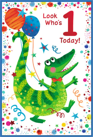Celebrate that precious first birthday with our delightful 'Age 1 Male' card! Featuring a super-cute, happy green crocodile, complete with a snazzy red bow tie and balloons, this card is bursting with joy. The vibrant colours, playful confetti, and bold 'Look Who's 1 Today!' message make it the perfect way to mark a baby boy's very first milestone. Designed by Simon Elvin, you can be assured of a quality card that will bring smiles. Available in a handy pack of 6, these charming cards are ready to help your customers share in the celebration.