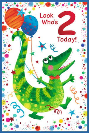 Celebrate a special second birthday with this wonderfully vibrant card from Simon Elvin! Perfect for a little boy turning two, this delightful design features a super-happy green crocodile, complete with a snazzy red bow tie, joyfully dancing amidst a shower of colourful confetti, stars, and balloons.

The playful illustration and bright, engaging colours are sure to bring a huge smile to any birthday boy's face. With the cheerful message "Look Who's 2 Today!", it's the ideal way to mark this exciting milestone. Stock up on this charming card, supplied in a convenient pack of 6, and help your customers share in the joy of a toddler's big day!
