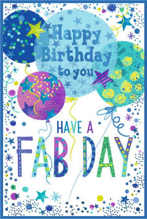 Make their birthday extra special with this vibrant "Open Birthday Male" card from Simon Elvin. Bursting with colour, the design features cheerful balloons, sparkling stars, and playful confetti in shades of blue, purple, and green. The bold "Happy Birthday to you" and "HAVE A FAB DAY" messages are sure to bring a smile. This card offers a modern and fun way to send birthday wishes, making it a brilliant choice for male recipients of all ages. Stock up on this fantastic design, available in a convenient pack of 6. A must-have for your card display!