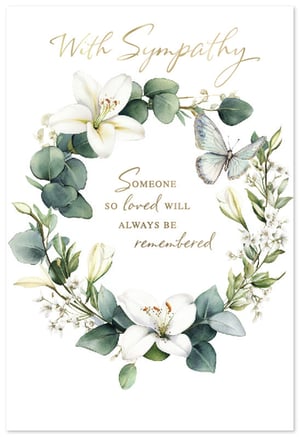 Offer your customers a truly heartfelt way to express their condolences with this beautiful Sympathy card from Simon Elvin. Featuring an elegant watercolour design, this card showcases delicate white lilies, fresh eucalyptus foliage, and a serene butterfly, all encircling a comforting message: 'Someone SO LOVED WILL ALWAYS BE remembered'. The subtle gold script adds a touch of dignity and warmth. Perfect for conveying sincere thoughts during difficult times, this card provides a gentle and respectful tribute. Available in a convenient pack of 6, ensuring your stock is always ready to meet your customers' needs.