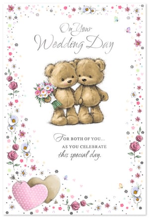 Congratulate the happy couple on their special day with this lovely 'Wedding Day' card. It features two sweet teddy bears, one holding a beautiful bouquet, creating a heartwarming scene. The card is decorated with a delicate border of roses, daisies, and little hearts, adding a touch of romance and celebration. The message, "On Your Wedding Day" and "For both of you... as you celebrate this special day," is beautifully displayed on the front, perfectly conveying your warm wishes. This delightful card is a wonderful way to share in their joy.