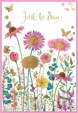Brighten someone's day with our exquisite 'Just To Say' card, a beautiful addition to any retail offering. From Simon Elvin, this delightful design features a vibrant meadow of watercolour flowers in shades of pink, purple, blue, and yellow, brought to life with charming butterflies. The luxurious gold foil detailing, from the elegant 'Just To Say' script to the shimmering floral accents and playful dots, adds a touch of sparkle and sophistication.

Perfect for a multitude of occasions – a thoughtful note, a quick hello, or a small celebration – this versatile card is sure to capture hearts. Its cheerful and artistic aesthetic makes it an irresistible choice for customers seeking something special. Stock up on this popular design, available in a convenient pack of 6, and offer your customers a truly lovely way to connect.