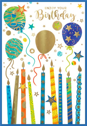 Make every birthday special with this delightful Open Birthday Male card from Simon Elvin. Bursting with vibrant colours and festive cheer, this card features a striking design that's perfect for celebrating. Golden, elegant script wishes "ENJOY YOUR Birthday," surrounded by an exciting mix of patterned balloons in shades of blue, green, and gold, many adorned with shimmering stars.
A charming row of colourful candles, each uniquely decorated with stripes, dots, and zigzags, adds to the celebratory mood. Scattered confetti and stars complete this joyful illustration. Supplied in a convenient pack of 6, these high-quality cards are ideal for your retail offering, ready to bring smiles to any male recipient.