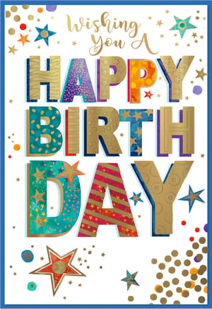 Bring a burst of joy to your card display with this vibrant "Open Birthday Male" card from Simon Elvin. Featuring a dazzling "Wishing You A Happy Birthday" message in elegant gold script, the main attraction is the bold, layered lettering of "HAPPY BIRTHDAY". Each letter boasts unique patterns and textures, from shimmering gold and sparkling purple to starry blues and festive reds, creating a truly eye-catching design.
Scattered confetti and stars add to the celebratory feel, making this card a fantastic choice for celebrating any male's special day. Its modern and energetic design ensures it will be a popular pick for customers seeking a standout birthday greeting. Stock up with our convenient 1x6 pack size and offer your shoppers a card that truly shines.