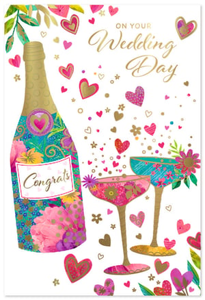 Wedding Day Card by Simon Elvin.

Help your customers celebrate the happy couple with this truly enchanting Wedding Day card. Featuring a beautifully illustrated champagne bottle, complete with a 'Congrats' label and vibrant floral patterns, it sets a joyous tone. Two elegant champagne coupes, adorned with matching colourful designs, add to the festive feel. The card is sprinkled with an abundance of charming hearts in various shades of pink, red, and gold, alongside delicate golden accents, creating a wonderfully celebratory atmosphere. The elegant gold script wishes 'ON YOUR Wedding Day', making it a perfect choice for sending heartfelt congratulations. Supplied in a convenient pack of 6.