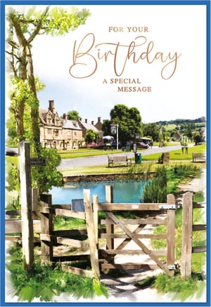 Discover the charm of the English countryside with our 'Open Birthday Male' card from Simon Elvin. This delightful card features a picturesque village scene, inviting recipients to step into a world of tranquility. A rustic wooden gate and footpath guide the eye past a serene pond towards traditional stone buildings and lush, rolling hills. The beautiful painted effect enhances the idyllic landscape, making it a truly special choice for any birthday celebration. With its classic appeal, this card is perfect for male recipients of all ages. Supplied in a convenient pack of 6, it's an excellent addition to your greeting card range.