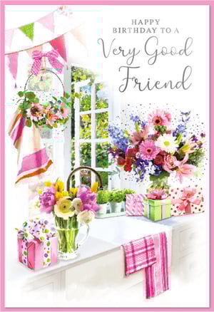 Celebrate a special bond with this delightful 'Happy Birthday to a Very Good Friend' card. Featuring a charming watercolour illustration, this card bursts with vibrant colours and heartfelt details. A beautiful window scene opens to lush greenery, while cheerful bouquets of pink, purple, yellow, and white flowers fill the foreground. Adorable gift-wrapped presents add to the festive atmosphere, all set within a warm, inviting home. Perfect for sending your warmest wishes to a cherished female friend, this card is sure to bring a smile to her face. A truly lovely way to mark her special day.