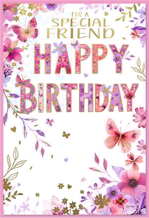 Celebrate a cherished bond with our beautiful 'Friend Female' Birthday Card, available in a convenient pack of 6. This delightful card features a vibrant watercolour design, bursting with an array of pink and purple florals, delicate butterflies, and charming golden accents. The heartfelt message 'FOR A SPECIAL FRIEND HAPPY BIRTHDAY' is elegantly presented, with the main text adorned in a captivating floral pattern. Perfect for conveying warm wishes, this card offers a truly special way to mark a friend's big day. Stock up on this popular design from Simon Elvin and help your customers share joy and affection.